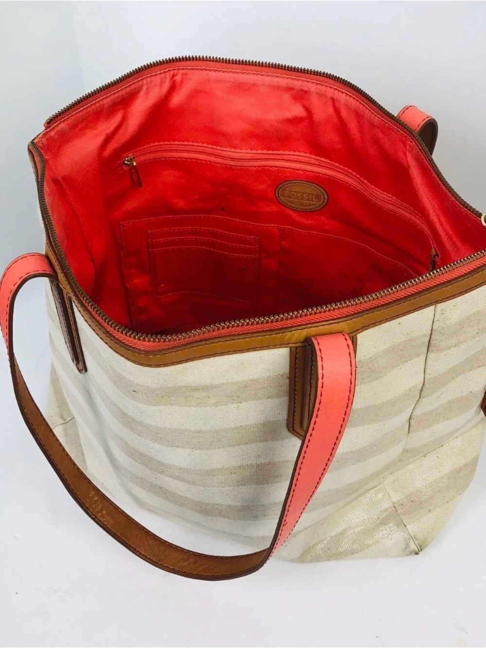 FOSSIL Sydney Tote- Coated Canvas tan stripe. Leather Accents Large Tote
Handbag